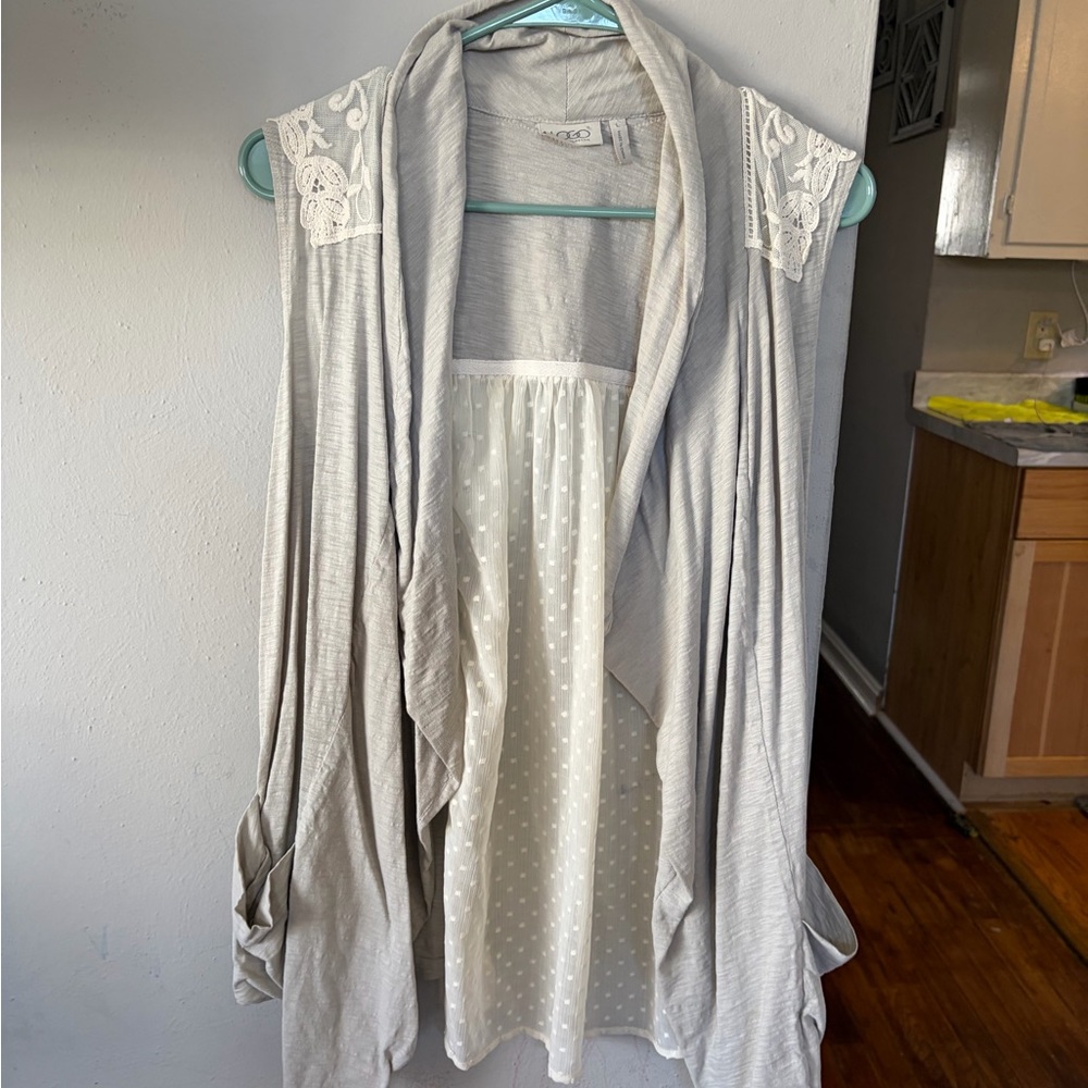 Gray Sleeveless Cardigan with Lace Detail